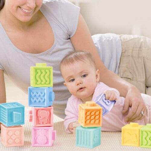 3D Embossed Soft Rubber Building Blocks Safe Bite Baby Teether Children Bathroom Shower Cognitive Early Education Toys