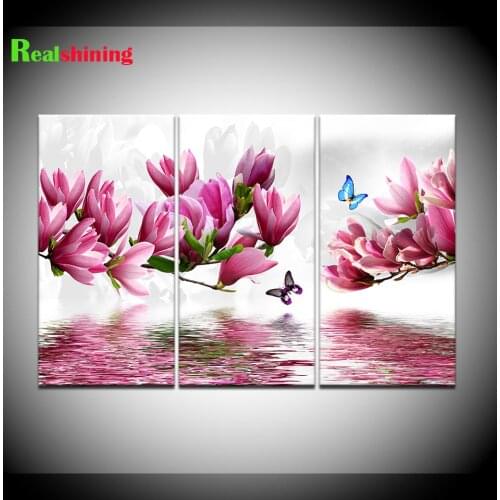 3 pieces DIY Diamond Embroidery Magnolia Flowers And Butterflies Full Square Round Diamond Rhinestone 5D Diamond Painting N1817