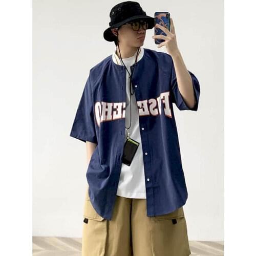 Short-sleeved Baseball Uniform Shirt Women Jacket Men Blouse Japanese Retro Letter Printing Hong Kong Style Loose Street Couple