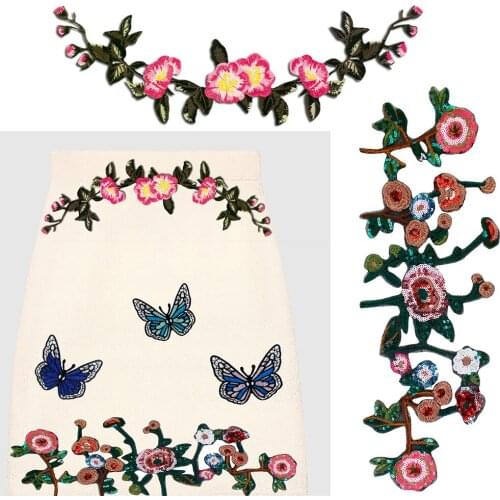 Sequined Flower vine Flower Collar Iron on Patch Applique Badge Embroidered Lace Dress Cheongsam Clothes Decor DIY Accessories