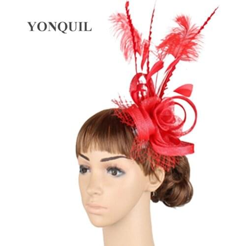 Sinamay Base Fascinator Headwear Occasion Red Bridal Hair Accessories High Quality Multiple Colors Millinery Cocktail Hat MYQ010