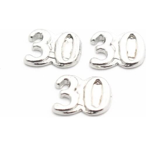 Hot Sale 10pcs/lot Metal Silver Number 30 Floating Charms For Living Glass Memory Floating Lockets Necklace DIY Jewelry