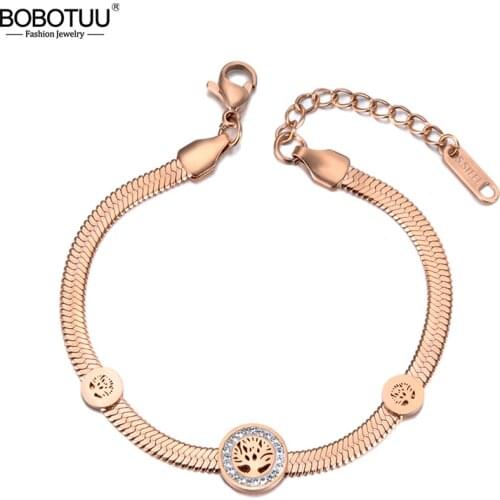 BOBOTUU Trendy Crystal Tree Charm Bracelets For Women Stainless Steel Snake Chain Bracelet Jewelry For Christmas Gift BB19045