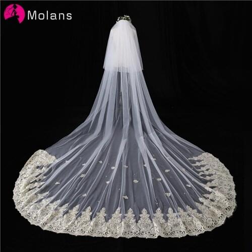 Molans Double Golden Lace With Diamonds Bridal Veil 3.5 Meters Long Cathedral Wedding Soft Yarn With Metal Comb 0.8M Cover Face
