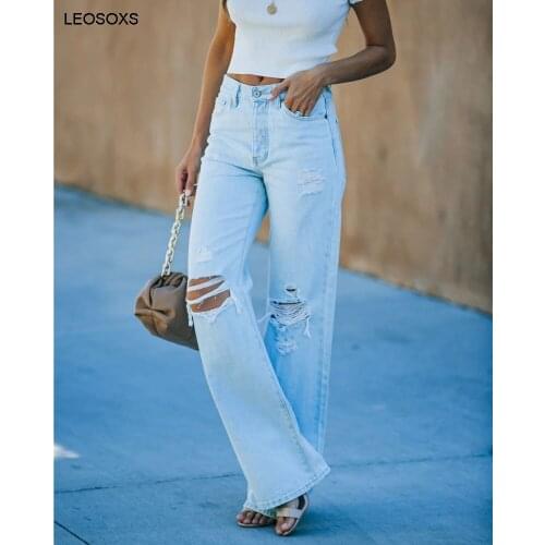 2021 Summer Womens New Fashion Temperament Casual Trousers Mid Waist Wash Ripped Jeans Light-colored Straight-leg Pants