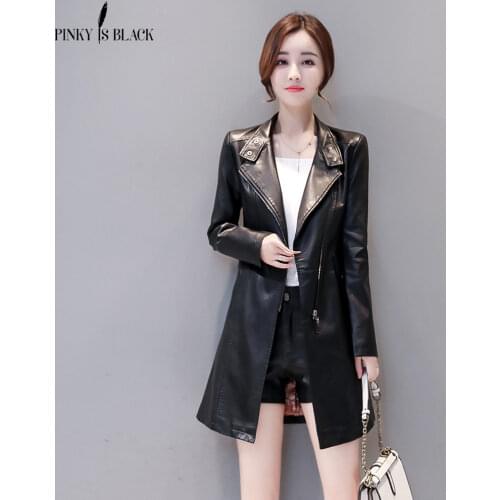 PinkyIsBlack Fashion Women Leather Jacket 2019 Spring Autumn PU Motorcycle Clothing Long Leather Coat Plus Size 5XL With Cotton