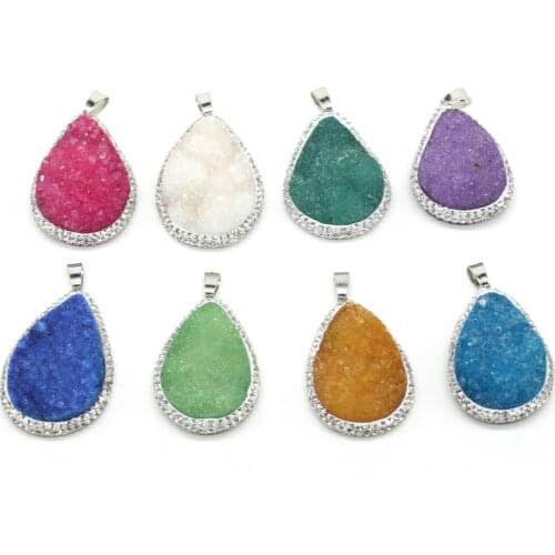 Natural Crystal Stone Pendant Waterdrop Shape Shiny Dyed Druzy Agates Quartz Cluster Stone Charm for DIY Jewelry Making Necklace
