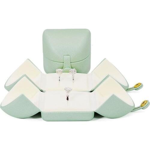 Tender Green Reticulated Pu Leather Double Open Jewelry Storage Box Proposal Ring Box Pearl Necklace Collection Box