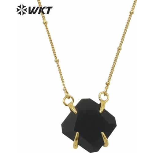 WT-N789 Super Black Stone Faceted Stone Necklace Natural black prong setting pendant necklace with 24k gold trim Necklace