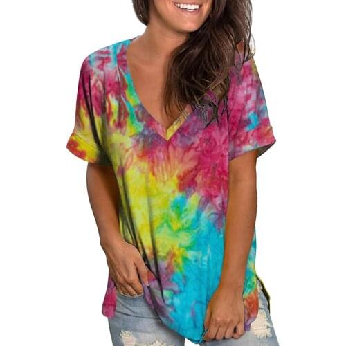 Womens Blouse 2021 Plus Size Gradient Blouses Fashion Casual Color V-neck Blouses Summer Short Sleeve Shirt Tops Туника Женская