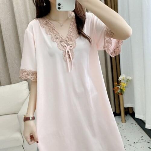 Women Nightgown Summer New Sleepwear Sleep Dress With Lace Loose Short Sleeve Nightdress Lingerie Silk Satin Home Dressing Gown
