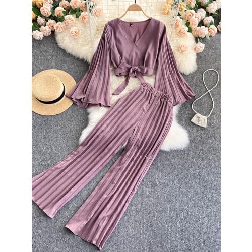 Purple/Red Draped Two Piece Set Ladies Office Flare Long Sleeve V-Neck Short Tops + High Waist Pleated Pants Female Suit 2021 OL