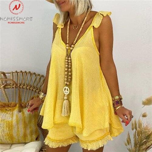 Women Summer Casual Loose Solid Color 2 Piece Sets Patchwork Design Ruffles Tassel Decor V-Neck Sleeveless Pullovers Top+Shorts