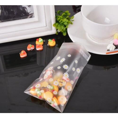 50PCS Baking Biscuit Self-Adhesive Food Bag Food Safe Party Candy Cookie Bag Rectangle Frosted Translucent Pink Flower Pattern