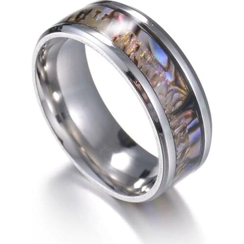 8mm Inlaid Natural Shell Mens Rings Stainless Steel Wedding Bands Jewelry for Men Comfort Fit Size 7-11 Hot Sale