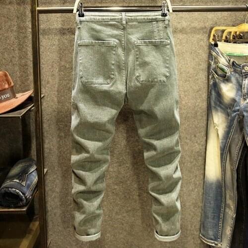 Fashion Pencil Pants Big Pocket Green Jeans Men Casual Slim Fit Drawstring Lace Up Straight Trousers Vintage Mens Denim Pants