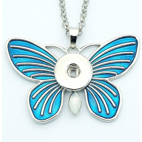 Fashion Beauty blue butterfly snap pendant necklace chain 60cm fit 18MM snap buttons Fashion jewelry DIY accessories XL0115