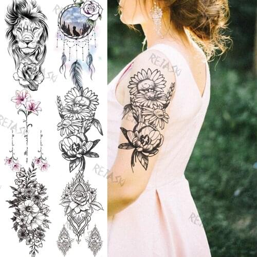 Black Sunflower Peony Temporary Tattoos For Women Girl Lion Lily Dream Catcher Realistic Fake Tattoo Disposable Tattoo Sticker