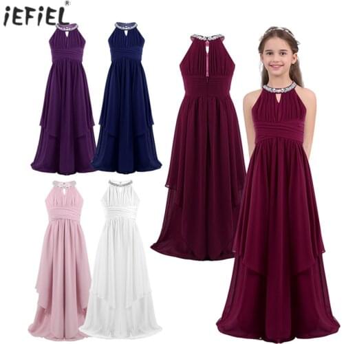 Childrens Princess Dress Girls Kids Chiffon Weeding Dress Sequined Halter Flower Girl Dress Vestidos Party Teen Costumes