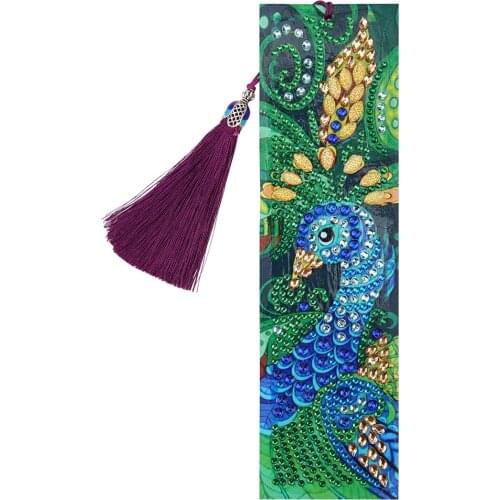 Reading Use Peacock Pattern Handmade Stick Drill Shaped Diamond DIY Diamond Painting Leather Bookmark with Tassel Bookmark