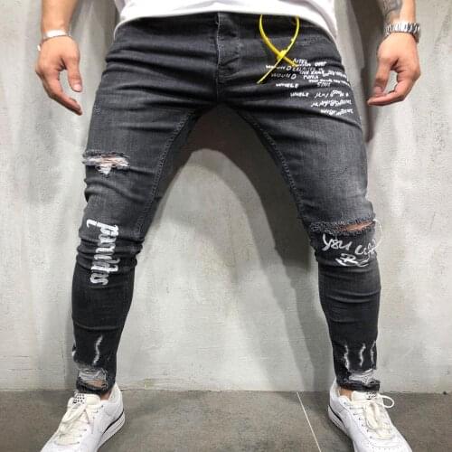 NEW 2019 Hip-hop Mens Printed Letter Hole Jeans Fashion jeans
