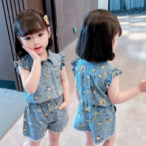 Girls Summer Floral Denim Clothes Set Children Summer Wear 2021 New Baby Korea Style Jeans Sets Outfits Children Clothing Set