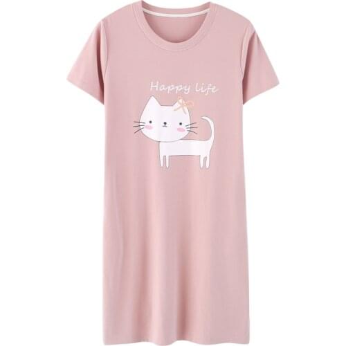 Cute Cartoon Womens Nightdress Sleepwear Loose Short Sleeve Pocket Cotton O-Neck 2021 Summer New Casual Comfortable Home Dress