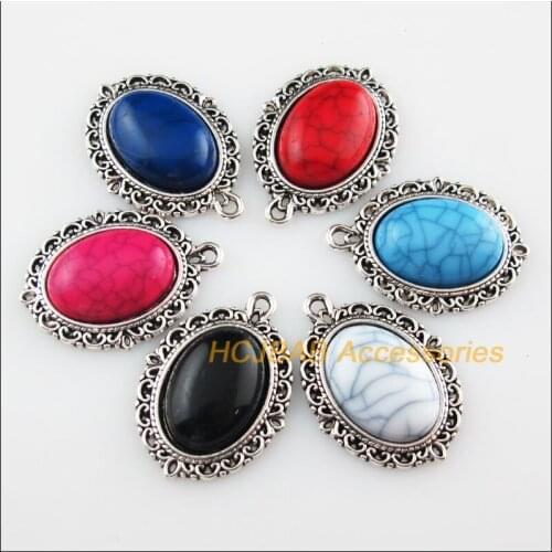 Fashion 12Pcs Tibetan Silver Color Oval Mixed Stone Charms Pendant 21x28mm