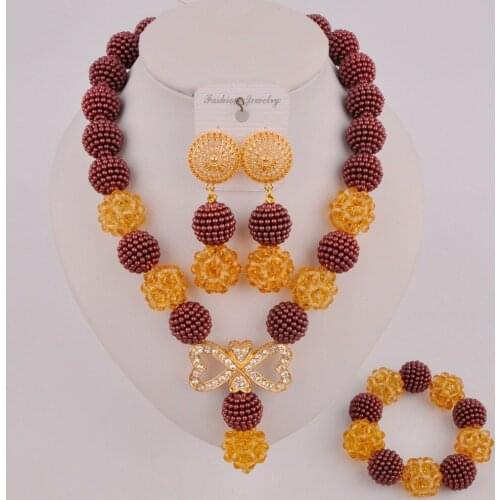 Fashion Brown and Champagne Gold Women Costume African Jewelry Set for Nigerian Wedding SP1-02