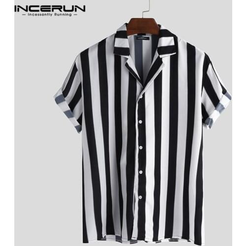 INCERUN Men Striped Shirt Casual Lapel Neck Short Sleeve Button Brand Shirt Chic Loose Streetwear Vacation Blouse Chemise 2021