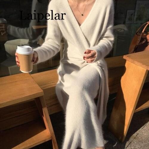 2019 New Korean Belted Cashmere Sweater Dress Women Fashion Office Lady V Neck Knitted Dress Winter Warm Thick Vestidos