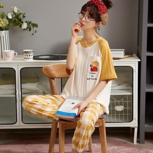 Spring New Womens Cotton Homedress Pajamas Sets Girl Short Sleeve Trousers Nightgown Round Neck Sleepwear Casual Home Clothing
