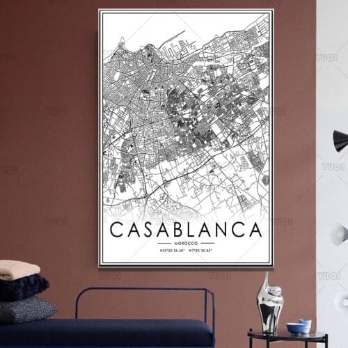 Map print poster canvas poster canvasWorld City CASALANCA Map Black White MapPoster Picture Art