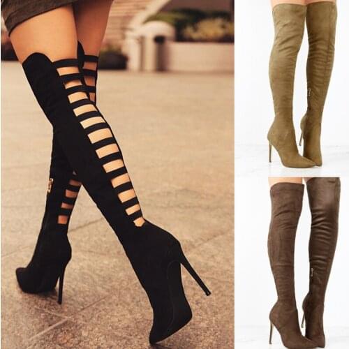 For New autumn sexy long boots, high heels, fashionable and versatile pointed back hollow design