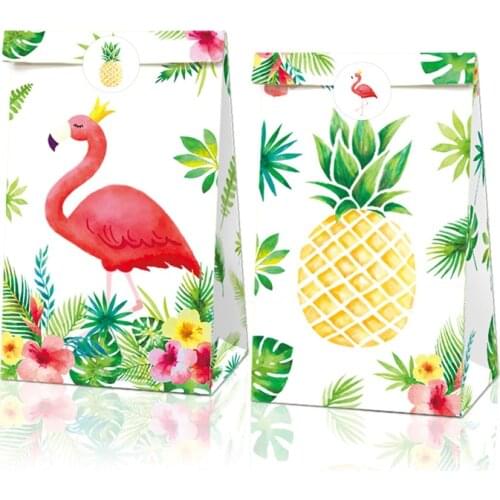 12pcs Flamingo Pineapple Printed Gift Bags Kraft Paper Bag Hawaii Summer Party Decor Candy Box Tropical Luau Aloha Party Decor