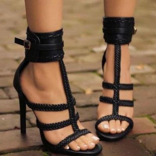 Summer New sandals Women Black PU Leather T-strap Braided Belt Buckle Stiletto High Heeled Sandals Shoes Lady