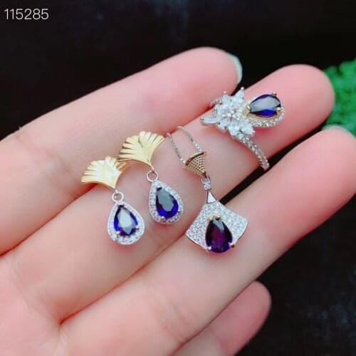 Super Best Quality Sapphire Set Natural And Real Sapphire Jewelry Set 925 Sterling Silver 1pc Ring,1pc Pendant,2pcs Earring