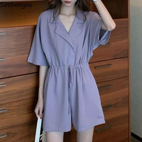 Rompers Women Solid Short Sleeve Stylish Oversize 2XL Loose Adjustable Waist Chic Korean Style Womens Elegant Wide Leg Playsuits