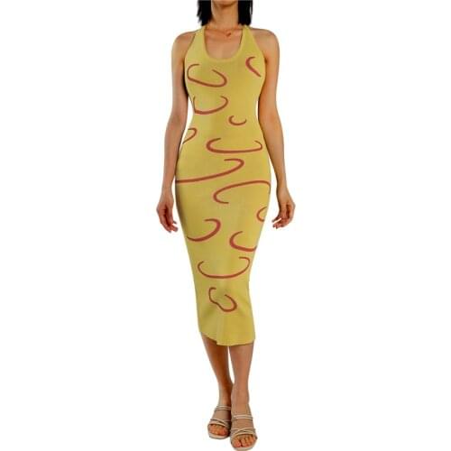 Sexy Knitted Bodycon Midi Dress Women Y2K Halter Neck Summer Yellow Sleeveless Dress Backless Party Beach Casual Sundress 2021