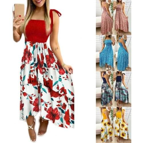 Sexy Off Shoulder Draped Sling Party Dress Women Spring Floral Print A-Line Dress Summer Tie-up Bow Sleeveless Beach Dress