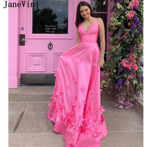 JaneVini Hot Pink Prom Dresses Long with Handmade Flowers A Line Sexy V-Neck Backless Graduation Party Dresses Women Evening