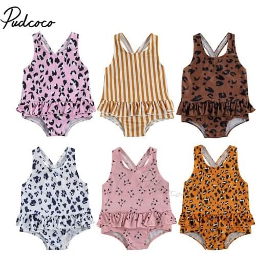 Infant One-piece Swimsuit, Baby Girl Leopard/Stripe/Cat Print U-shaped Neck Cross Strap Ruffle Swimwear 6M-3Y