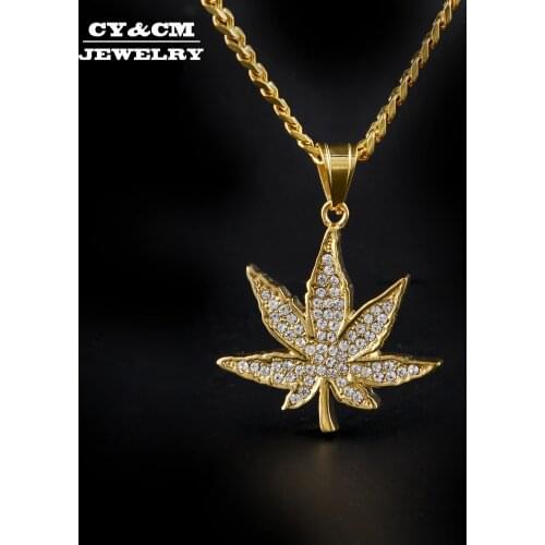 CY&CM Men Women Maple Leaf Iced Out Stainless Steel Gold Color Full Rhinestone Metal Pendant Necklace Chain Hip Hop Jewelry