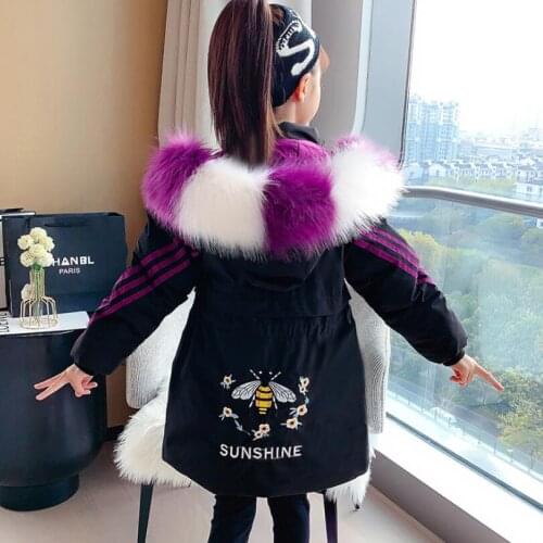 Big kids Winter thicken warm snowsuit 4-17T girls Bushy fur collar children hooded coat cotton padded long windbreaker outfit