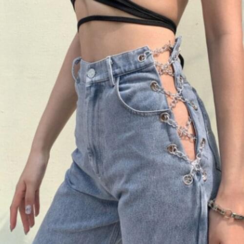 Women High Waist Jeans Lady Girls Cross Chains Bandage Hollow Out Denim Pants Streetwear Fashion Street Style Clothing