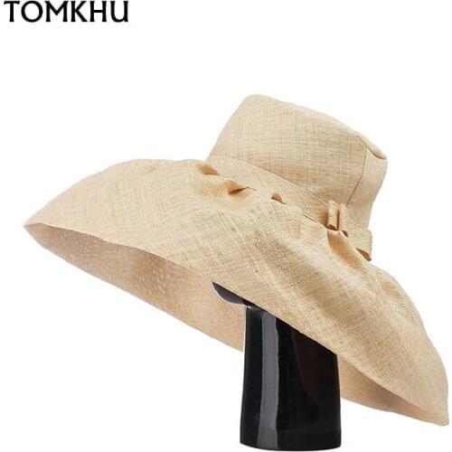 European American Retro Hepburn Style High Quality Raffia Fabric Wide Brim Bow Top Hat Fedora Catwalk Fashion Dinner Beach Hat