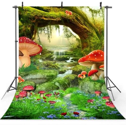 Cartoon Fairy Tale Photography Backdrop Photocall Elves Princess Birthday Background Green Grass Tree Big Mushroom Sunshine