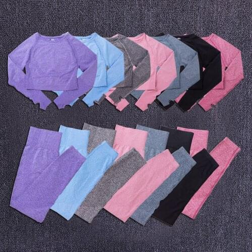 INFILAR Seamless Yoga Set For Women 2Pcs Long Sleeves Navel Top+ Slimming Leggings Sport Sets Workout Fitness Gym Clothing Suits