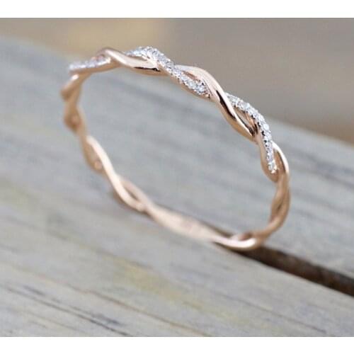 Thin String Twist Ring Rose Gold Color Mini Finger Ring Micro Crystal Full Pave Setting Nobility Cute Jewelry