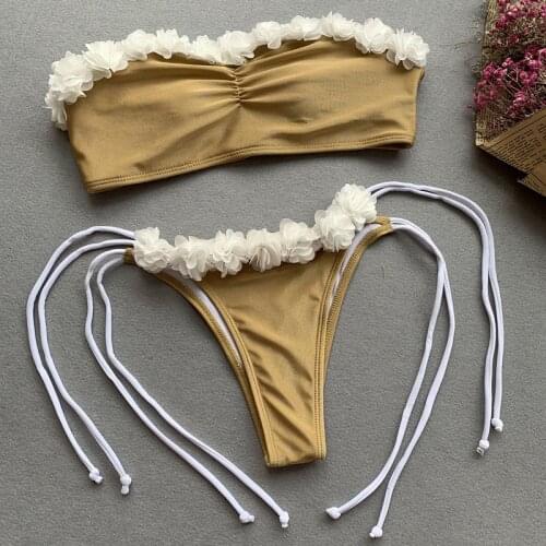 Padded Push Up Off Shoulder Micro Bikini Lace Flower Women Sexy Solid Strapless Bandeau Bathing Suit 2020 Bathers Swimwear